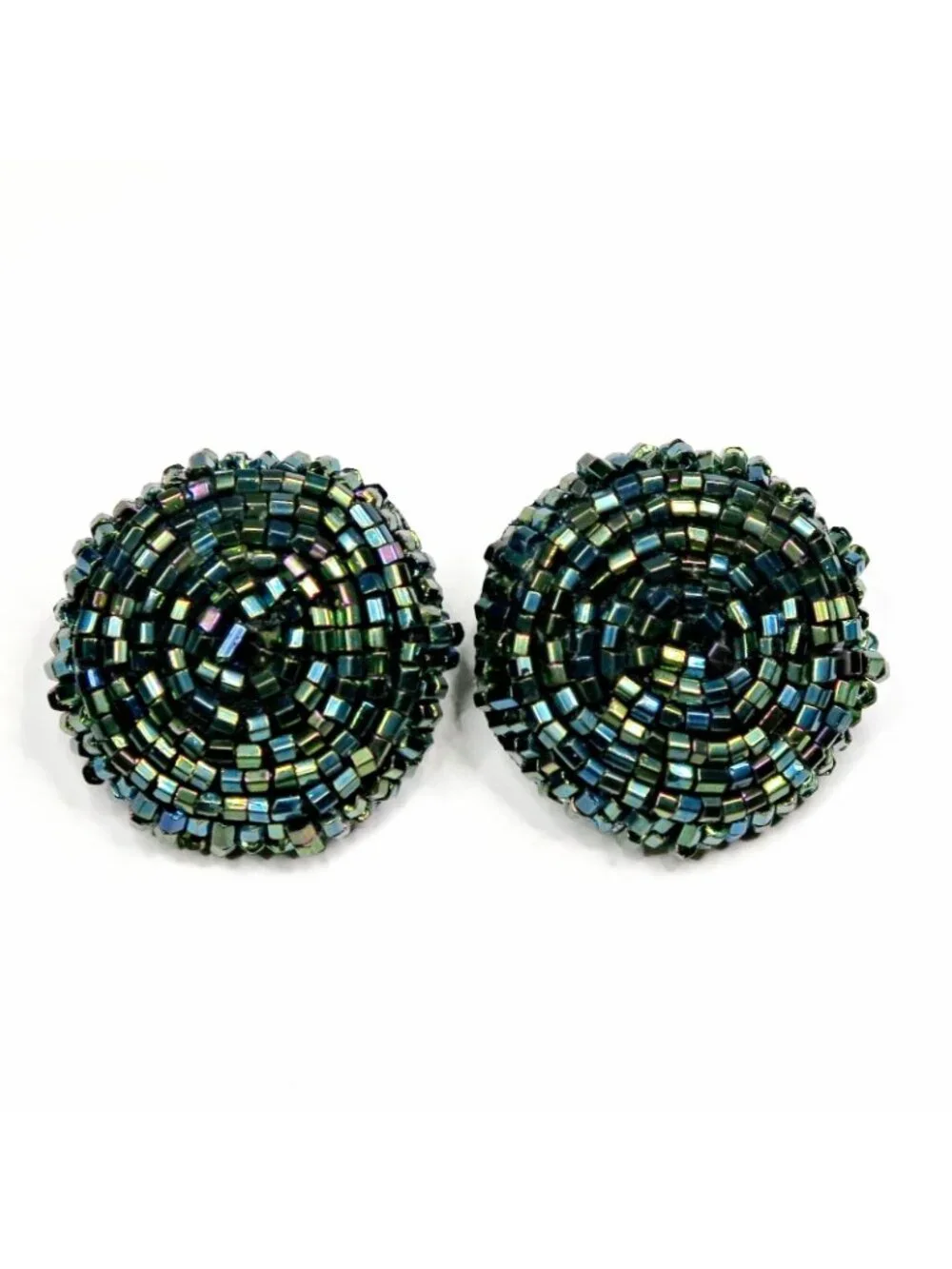 Iridescent Blue Beaded Clip-On Earrings Vintage 1960s-70s Statement Jewelry - Picture 2 of 4